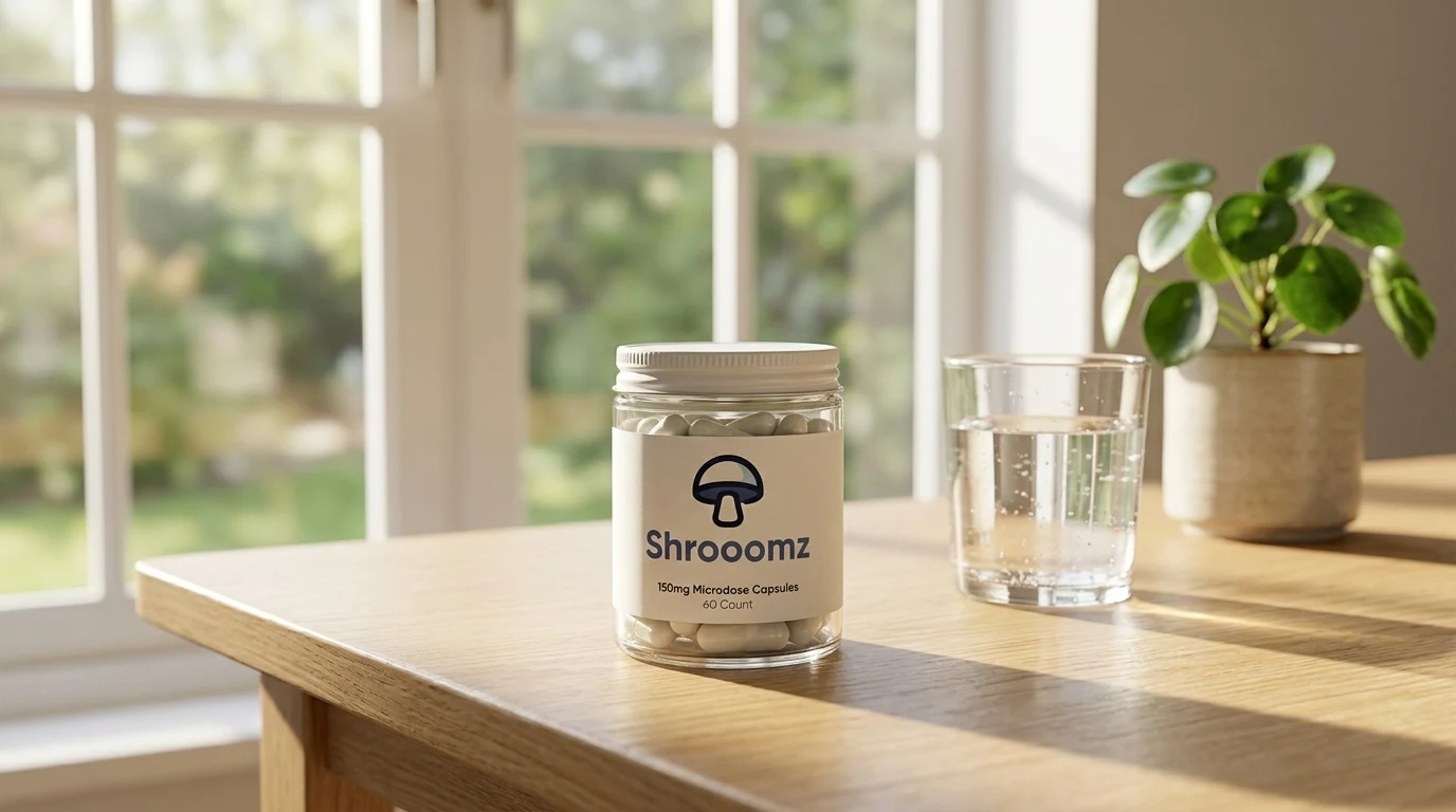The Shrooomz bottle on a table