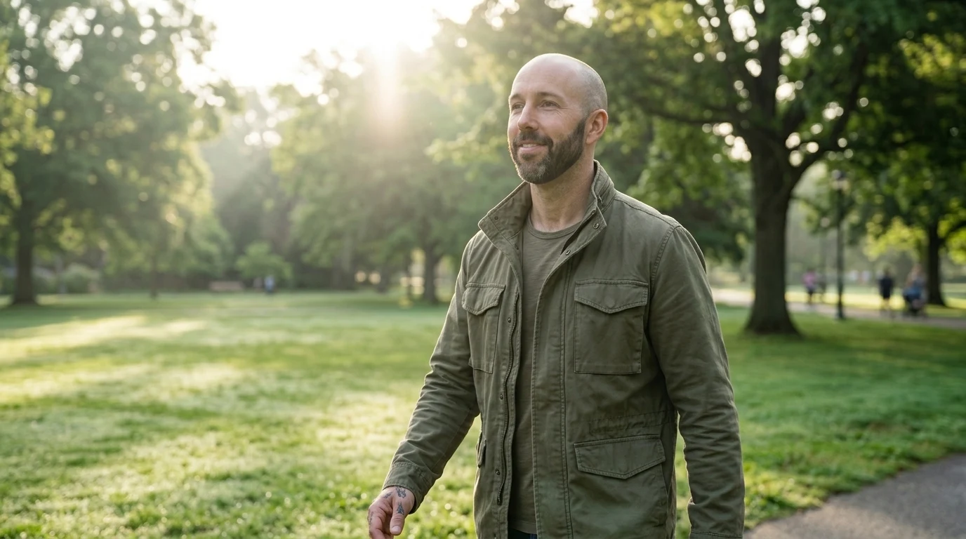 A calm man outdoors in morning light