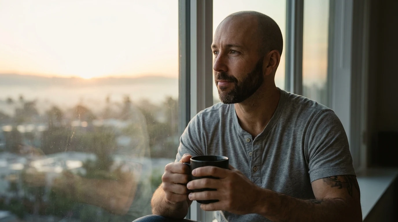 A man at dawn looking hopeful